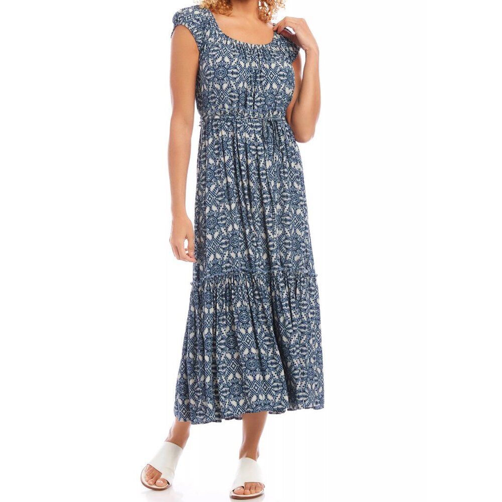 Karen Kane print sand sky blue tired midi dress with side pockets, Size M